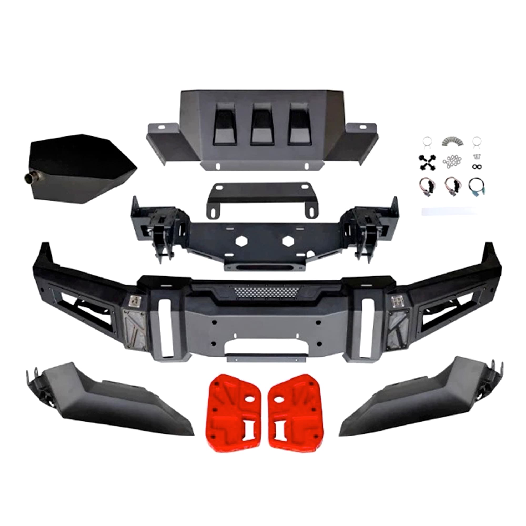 Front competition bumper components laid out on a white background: bumper body, brackets, lower plate and fasteners